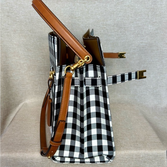 NWT Tory Burch Lee Radziwill Double Bag – Black/Ivory Gingham Canvas Satchel - Picture 3 of 15